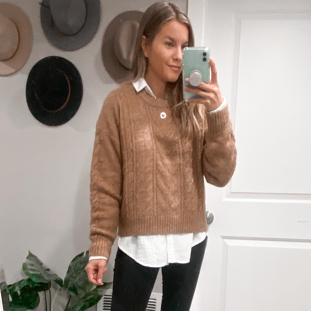 Camel Heathered Cable-Knit Sweater